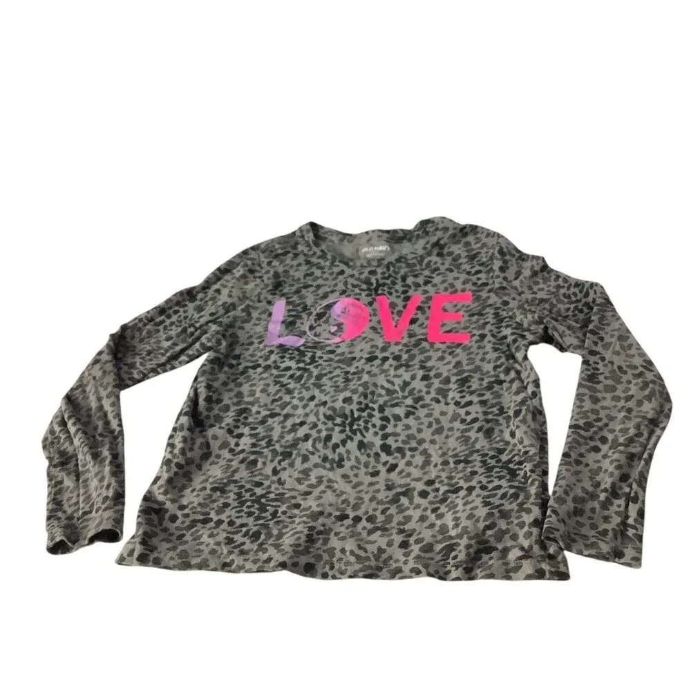Old Navy‎ Girls Leopard Print Love Graphic Shirt Long Sleeve Size M (8) Gray